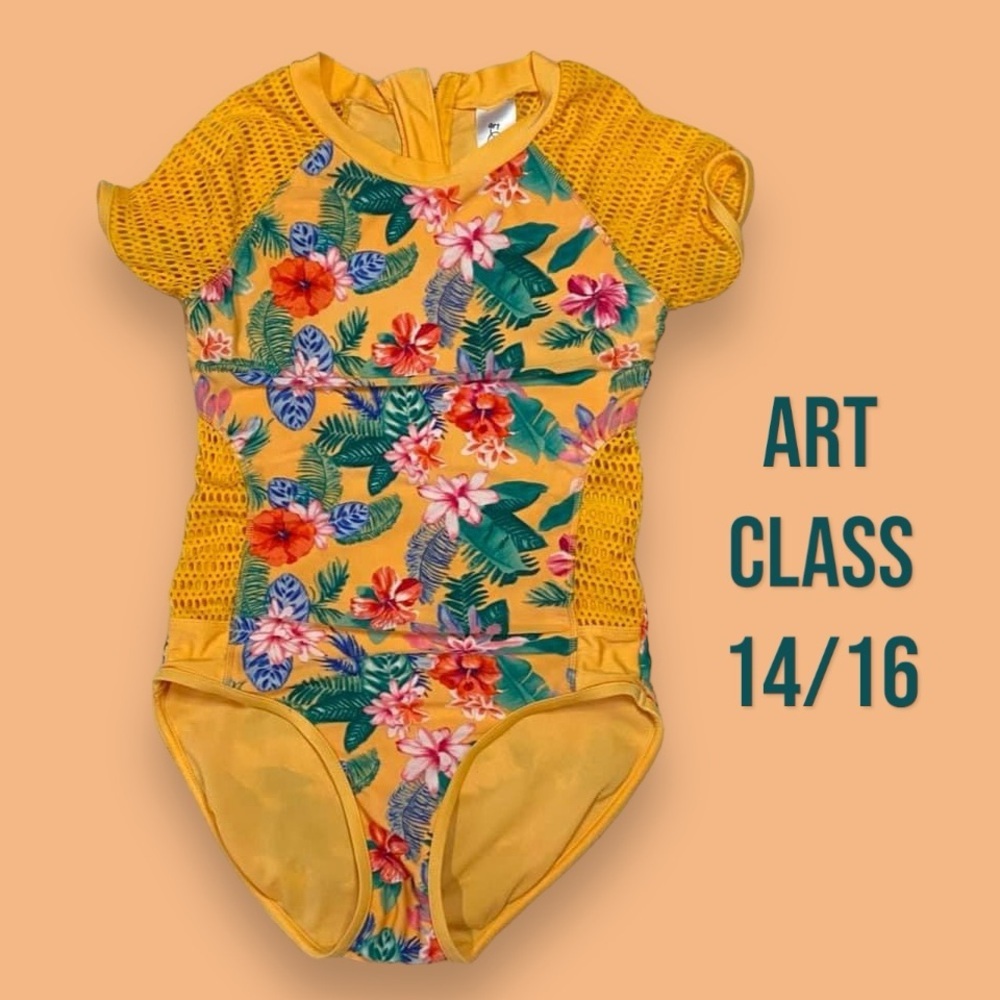 💙4/$28💙 Art Class Girl’s Yellow Tropical Print Mesh Detail One Piece Swimsuit